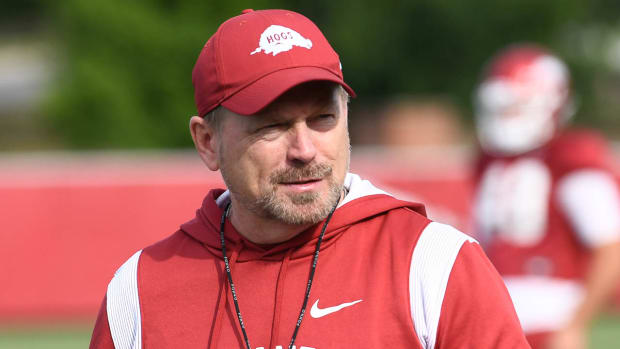Razorbacks special teams coach Scott Fountain at practice Sunday morning